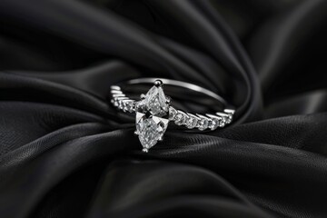 A glamorous diamond ring with a marquise-cut diamond, on a black satin fabric