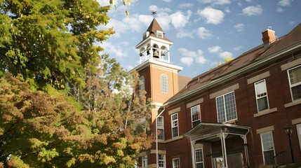 Historic brick building with a clock tower, surrounded by green trees under a bright blue sky with scattered clouds.