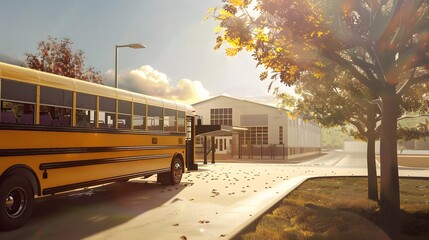 Obraz premium A yellow school bus arrives at a modern school building in the early morning sunlight, with autumn leaves scattered on the ground.
