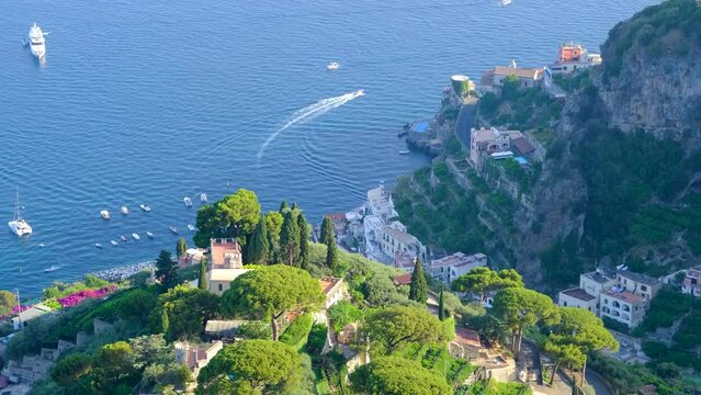 High angle view of the Amalfi Coast, Italy, as seen from the town of Ravello.