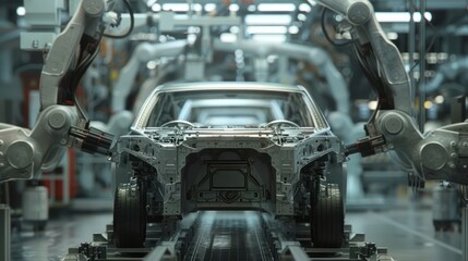 Obraz premium Automotive assembly car industry 4.0 factory with advanced IoT automated autonomous robot arms technology on 5G system. Industrial revolution background.