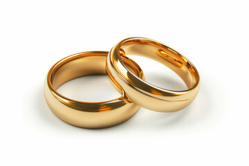 A pair of gold wedding rings are showcased in isolation on a white background, absent of shadow.