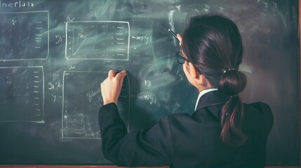 Female teacher writing complex equations on a chalkboard in classroom, emphasizing education, problem-solving, and analytical thinking.
