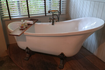 Freestanding Bathtub with Feet in Bathroom.