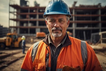 Fototapeta premium construction male worker wearing hat and safety clothing at construction building site