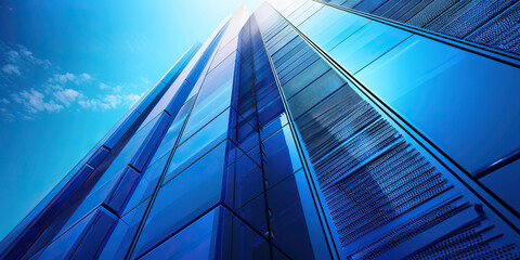 Vast Cobalt Vault: A towering cobalt-blue data center housing immense stores of digital information, secured by state-of-the-art technology