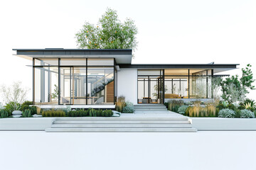 A sleek and elegant Craftsman-style residence with clean lines, large glass panels, and minimalist landscaping, standing out against a solid white background
