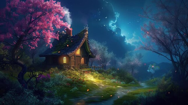 Glowing fantasy house in a grass valley at night, magical landscape under a starry sky
 Seamless looping 4k time-lapse virtual video animation background. Generated AI