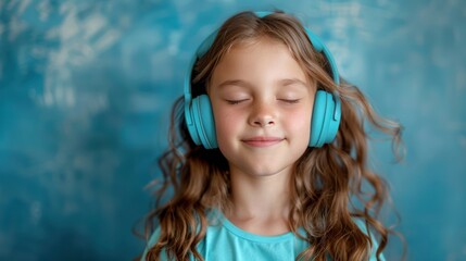 Blissful Beats: Young Girl with Teal Headphones Feeling the Music Against Blue Backdrop