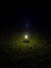 Lantern illuminated from within, casting a warm glow on surrounding grass. Light from the lantern,...