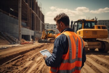 Fototapeta premium male civil engineering engineer wearing safety suit at construction site with excavator
