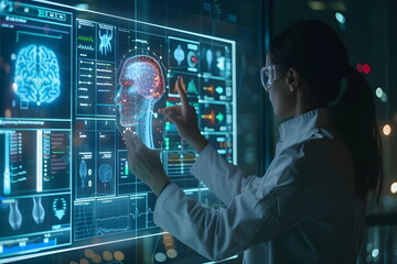 doctor using artificial intelligence on virtual screen for medical research