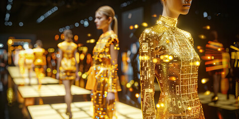 Fototapeta premium Gold Augmented Reality Fashion Show: Displaying a fashion show where models showcase augmented reality clothing and accessories, with gold-themed digital displays and holographic catwalks
