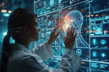 doctor using artificial intelligence on virtual screen for medical research