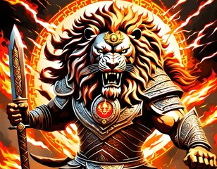 A fierce lion-headed god wielding a sword, depicted with flowing fiery mane and intricate armor. The background features a blazing sun with intricate patterns, emphasizing the god's power and might.