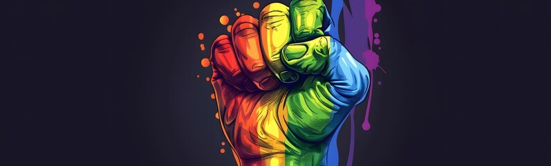 Close up of a raised fist with LGBT rainbow flag