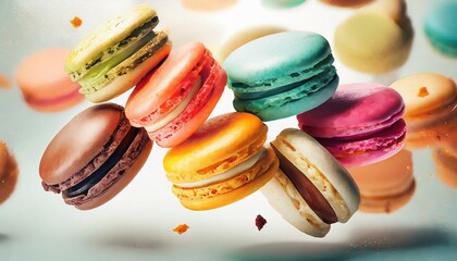 Various colorful of macarons floating in the air with motion blur white background

