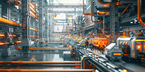 Steel Techno-Industrial Complex: Displaying a vast industrial complex where advanced technology is manufactured and developed, with steel structures and robotic assembly lines