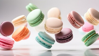 Obraz premium Various colorful of macarons floating in the air with motion blur white background 