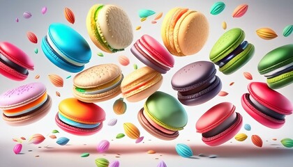 Obraz premium Various colorful of macarons floating in the air with motion blur white background 