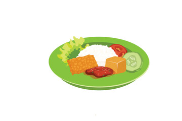 Fried Tempe And Tofu With Rice, Fresh Vegetables, And Sambal Served On A Green Plate | Indonesian Stall Food Illustration