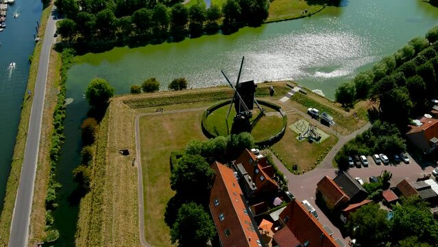 Aerial view of a mill in the fortified city of Brielle, South Holland, Netherlands.