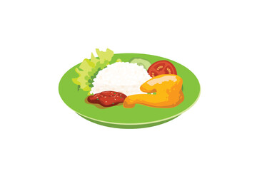 Fried Chicken With Rice, Fresh Vegetables, And Sambal Served On A Green Plate | Indonesian Stall Food Ilustration
