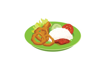 Fried Squid With Rice, Fresh Vegetables, and Sambal Served on a Green Plate | Indonesian Stall Food Ilustration