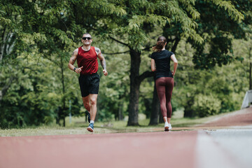 Obraz premium Two athletic individuals, a man and a woman, energetically jog on a red running track surrounded by verdant trees in a peaceful park setting.
