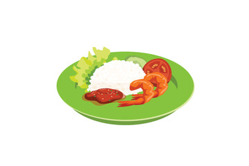 Fried Shrimp With Rice, Fresh Vegetables, and Sambal Served on a Green Plate | Indonesian Stall Food Ilustration