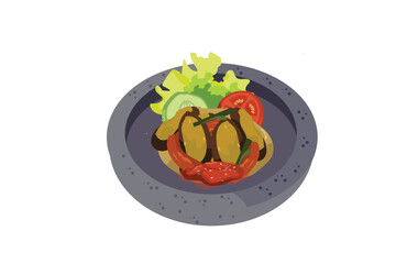 Fried Eggplant, Fresh Vegetables, and Sambal are Served in a Stone Mortar | Indonesian Stall Food Illustration