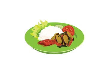 Fried Eggplant With Rice, Fresh Vegetables, and Sambal Served on a Green Plate | Indonesian Stall Food Ilustration