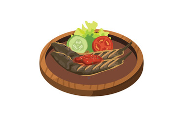 Two Fried Catfish, Fresh Vegetables, and Sambal are Served in a Wooden Mortar | Indonesian Stall Food Illustration