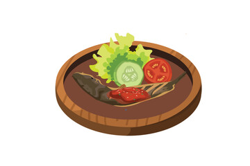 Fried Catfish, Fresh Vegetables, and Sambal are Served in a Wooden Mortar | Indonesian Stall Food Illustration