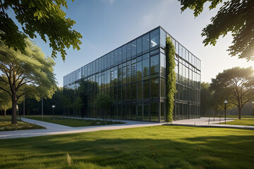 Naklejka premium Eco friendly modern glass office building blends with nature, highlighting green energy and sustainability concepts.
