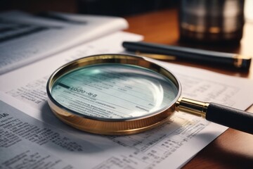 Magnifying glass and analytical graphic data documents on corporate office desk