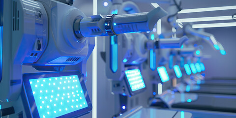 Sapphire Cybernetic Rehabilitation Center: Featuring a facility where individuals undergo rehabilitation and adjustment to cybernetic enhancements, with advanced medical technology and soothing blue