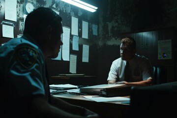 A man in a blue shirt sits at a desk with a police officer generated by AI