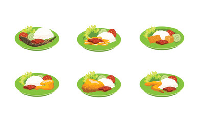Collection Of Indonesian Stall Food In A Green Plate Illustration
