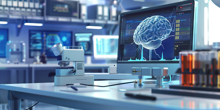 Platinum Neural Interface Research Center: Showing a research center where scientists study neural interfaces and brain-computer interfaces, with advanced neuroscience equipment and simulations