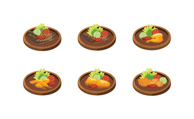 Collection Of Indonesian Stall Food In A Wooden Mortar Illustration