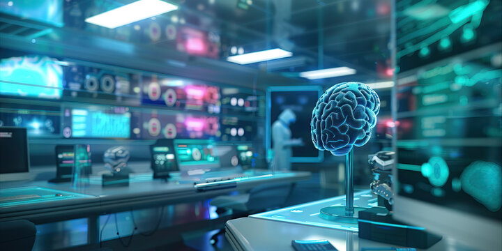 Platinum Neural Interface Research Center: Showing a research center where scientists study neural interfaces and brain-computer interfaces, with advanced neuroscience equipment and simulations