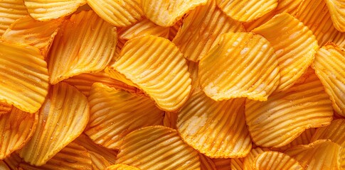 Fototapeta premium A close-up shot of potato chips with ripples, creating an abstract background. The texture is detailed, showcasing the unique pattern on each chip.