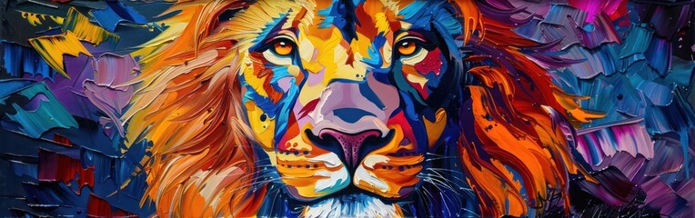 Colorful Lion Portrait in Abstract Oil and Acrylic Painting Style on Canvas with Palette Knife...