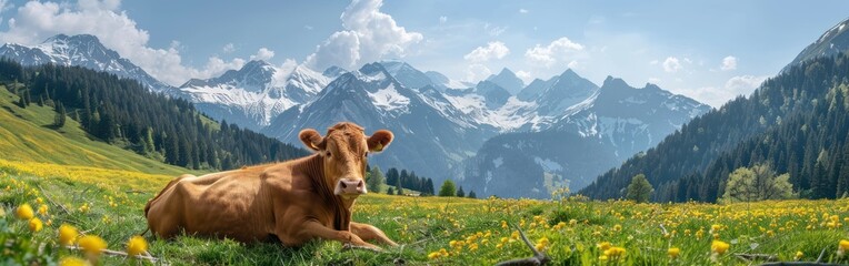 Fototapeta na wymiar Panoramic Alpine Grazing: Amusing Cow on Fresh Green Meadow in Allgau, Austria's Picturesque Mountainscape