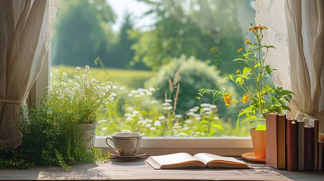 Cozy scene with book and coffee by window overlooking vibrant spring landscape, peaceful moment
 Seamless looping 4k time-lapse virtual video animation background. Generated AI
