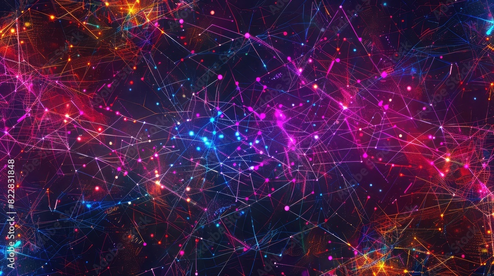 Poster abstract digital background with a matrix of interconnected lines and dots in neon colors
