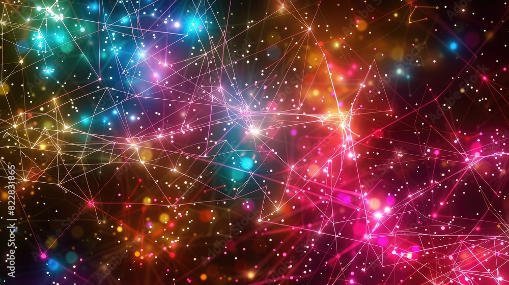 Poster abstract digital background with a matrix of interconnected lines and dots in neon colors