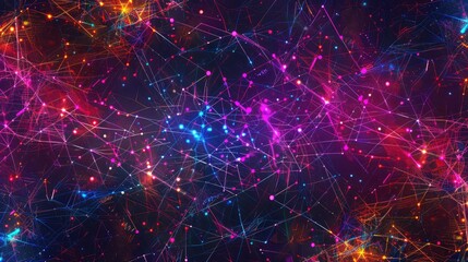 Abstract digital background with a matrix of interconnected lines and dots in neon colors