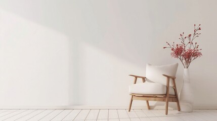Stylish interior with an armchair and flower vase on a white wall background, mockup for a design presentation of home decoration